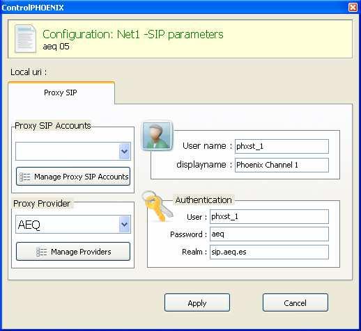 When using SIP Proxy based mode the following parameters are also displayed: - Proxy SIP Account : enables you to select a Proxy SIP account from a previously created and stored list.
