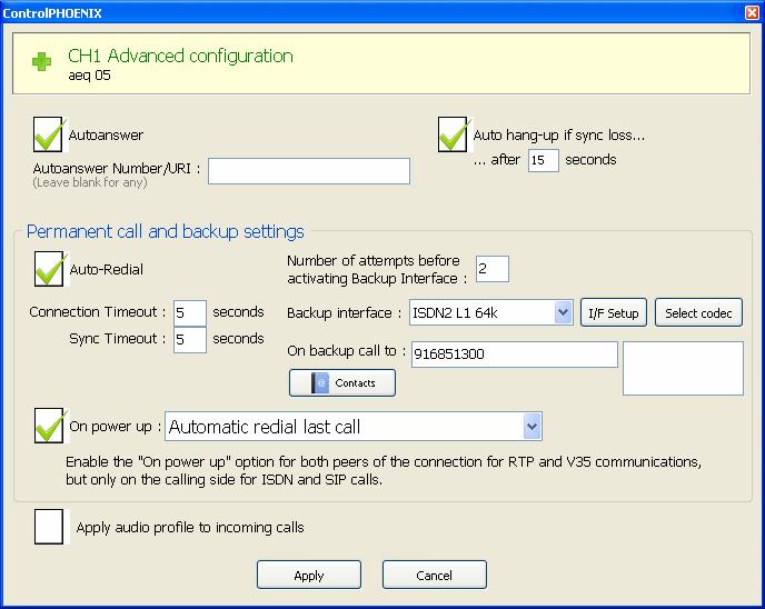 These are the parameters that can be configured: o o o o Autoanswer : allows you to activate the automatic answer of every incoming call or only those originated from a given caller.