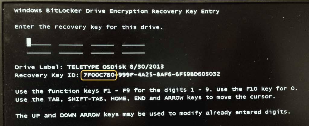 If the system goes into the BitLocker Recovery Mode call the Service Desk to receive a 48-digit Recovery Password.