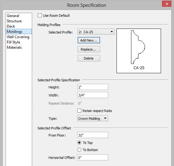 Chief Architect X6 User s Guide Uncheck Default, and then click the Add New button. In the Select Library Object dialog, either search or browse to find a crown molding that meets your needs.