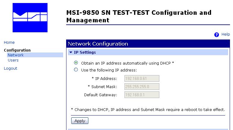 IP Settings MEASUREMENT SYSTEMS INTERNATIONAL To configure the network interface, select Network from the menu on the left to see the following page.