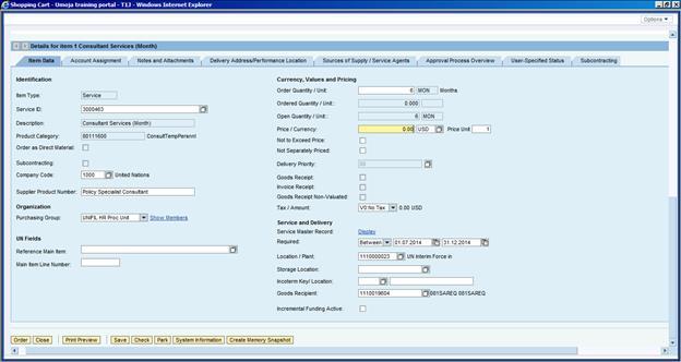 13. In the Item Data control tab, Click Supplier Product Number field to enter the consultant s job title which will be reflected in the contract. 14.