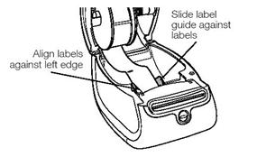 Align the left edge of the label with the left edge of the label feed slot and insert the label into the slot. The printer automatically feeds the label, stopping at the beginning of the first label.
