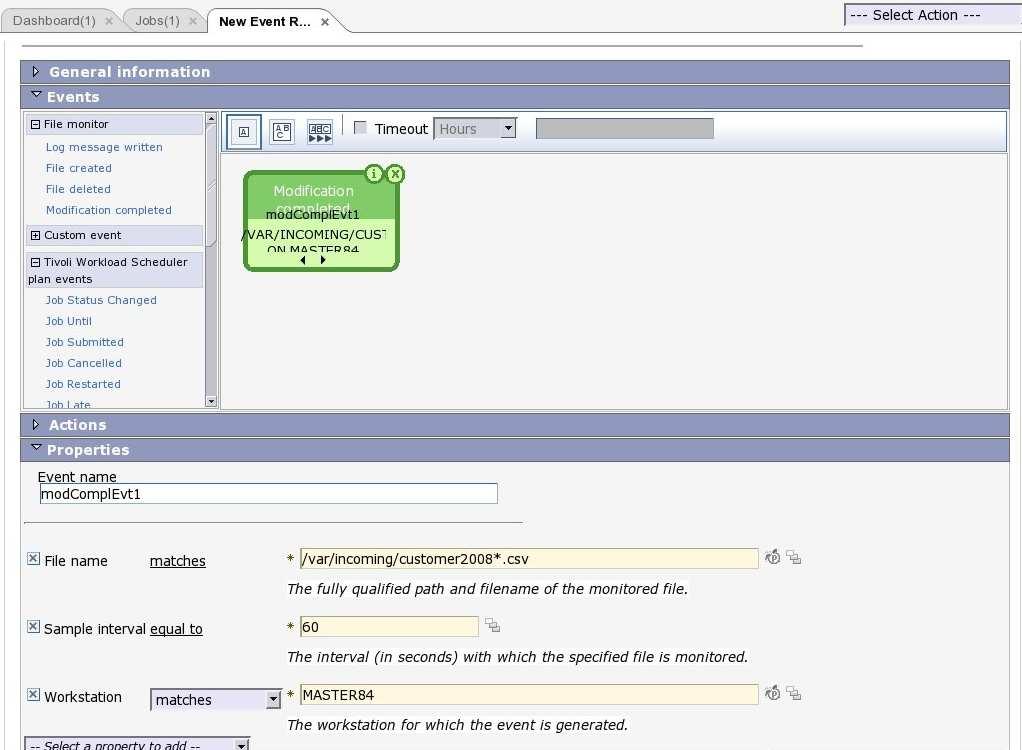 This slide shows the Tivoli Dynamic Workload Console event rule editor.