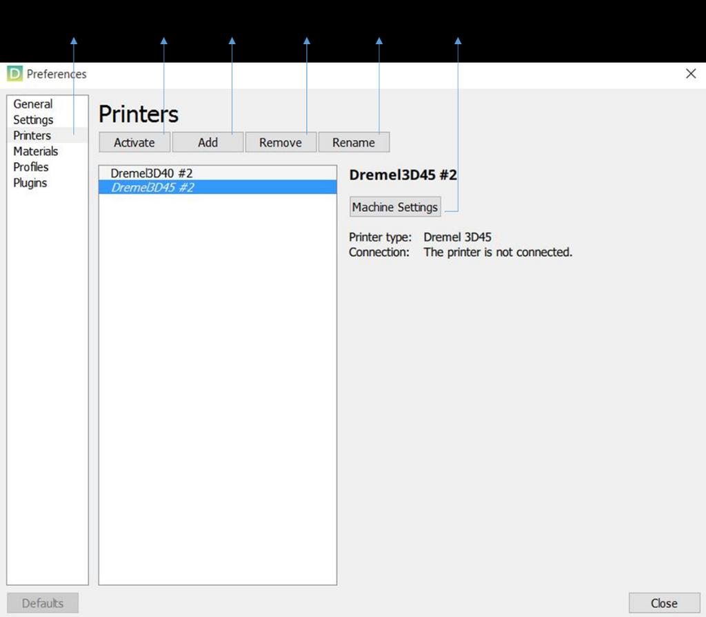 1. This (1) is the printers section in the preferences panel. 2. Click activate (2) to activate the selecter printer in the list below. 3.