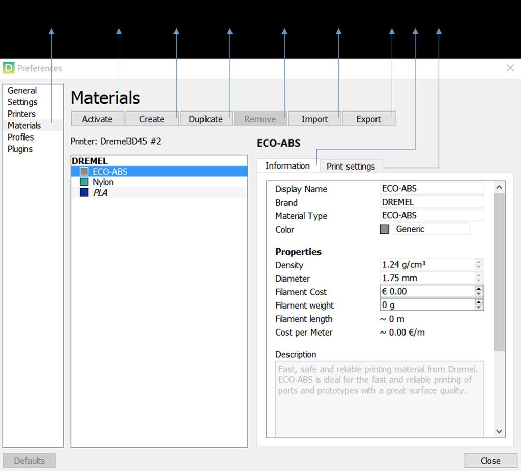 1. Click the materials tab (1) to open the material management window. 2. To use the selected material, click activate (2). 3.