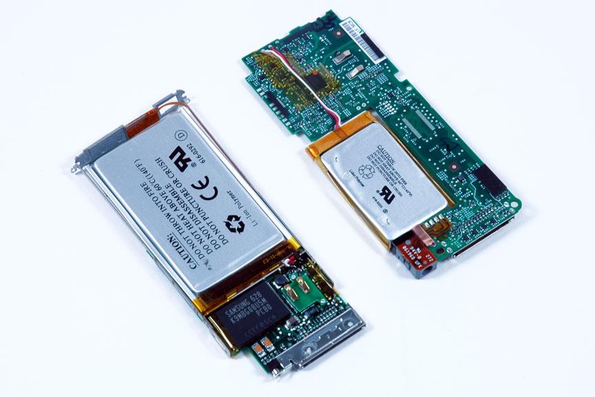 ipod nano 2005 - a C-shaped PC board, with a battery in the C opening.