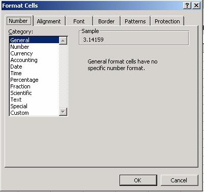 2. Go to the FORMAT menu on the main menu bar. 3. Select CELLS 4. Select the NUMBER tab. This allows you to choose a category and format of the numbers. Fig. 1.4 Selecting Cells from the Format menu.