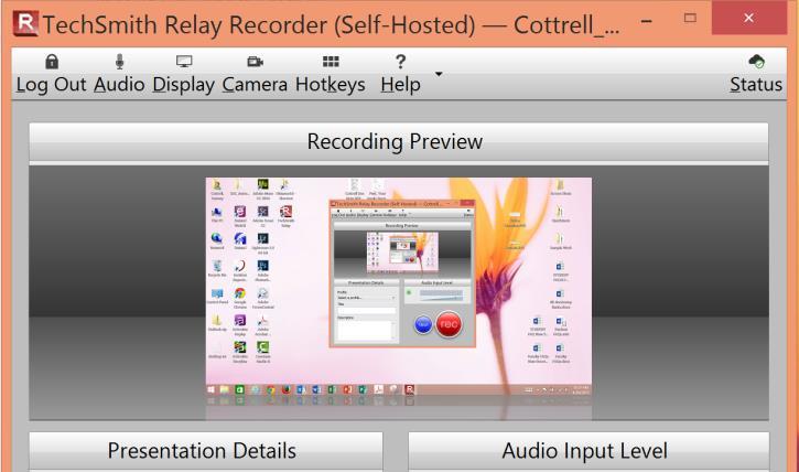 The Relay recording home screen allows the user to select the settings for the audio input, computer monitor display(s), the camera, set hot keys, record, title the video, enter a video description,