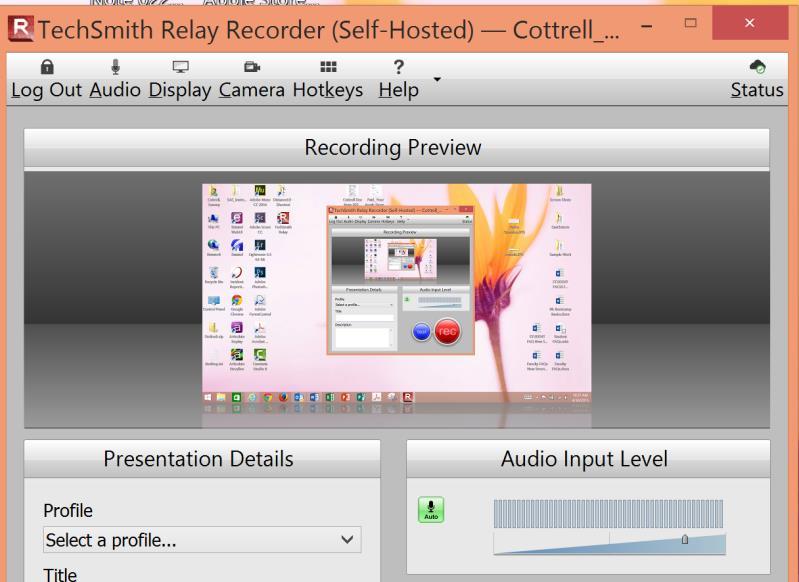 The audio recording (volume) level can be configured in the Audio Input Level section of the recording screen. It is recommended that the Auto setting be used.