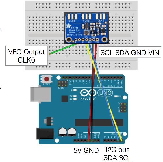 Build a VFO Connect up SCL = A5 SDA = A4 VCC = 5V GND = GND Open