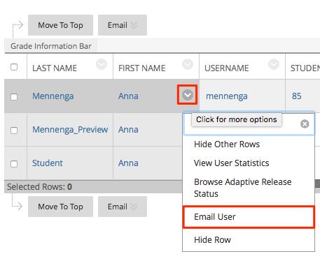 How to Send Email to Individual Users in the Grade Center 1. From the drop-down menu next to a user's first or last name select Email User. 2.