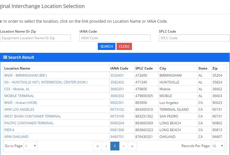 SAMPLE SCREEN WHEN USER CLICKS ON LOCATION LIST LINK - User can select any of the locations by clicking on the number shown under the IANA CODE column.