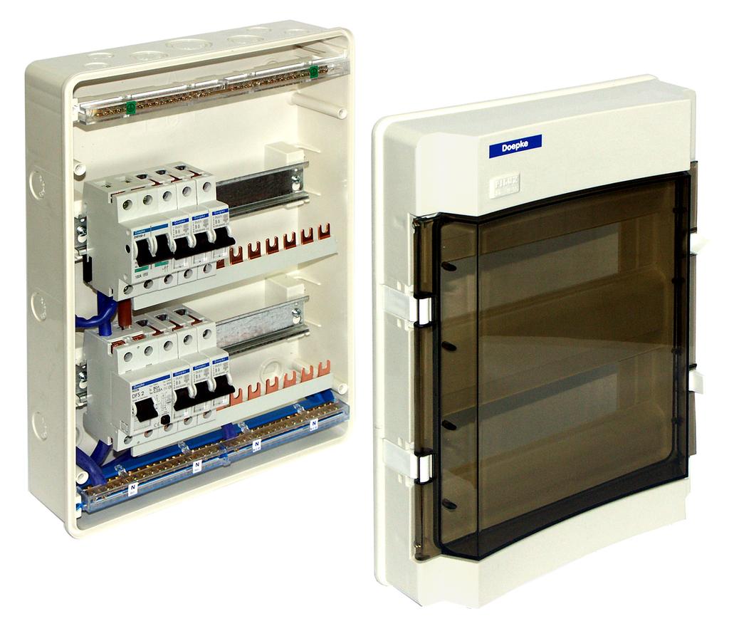 Doepke IP55 CONSUMER UNITS The IP55 consumer units are assembled in the UK using very high quality plastic enclosures. Six enclosure sizes enable any combination between 2 to 32 usable ways.