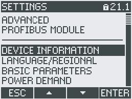 Operator control 8.1 Device interface Changing to the menu for parameterizing the device The "SETTINGS" menu entry branches to the menu for parameterizing the device.