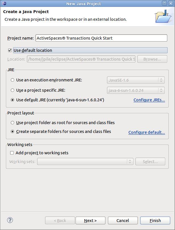 Chapter 2. Building a simple application in Eclipse Figure 2.1. Creating the ActiveSpaces Transactions Quick Start project 3. Click "Next" to move to the Java Settings page. 4.