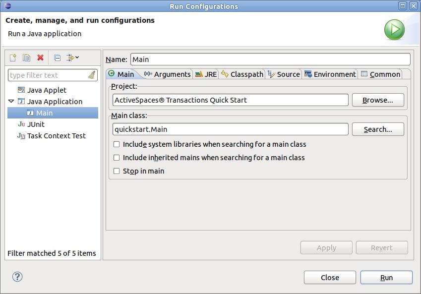 Chapter 2. Building a simple application in Eclipse Figure 2.6. Creating a run configuration for quickstart 4. Next, select the "Arguments" tab.