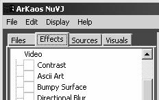 Effects: Effects are used to alter clips in various ways. NuVJ provides a wide collection of effects sorted in different categories.