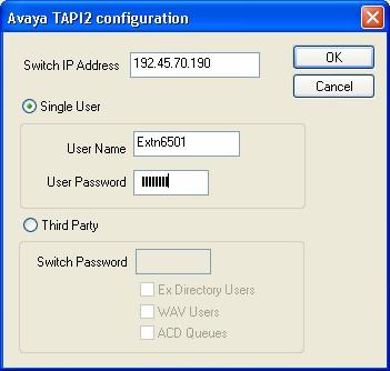 7. In the Avaya TAPI2 configuration window that appears, set Switch IP Address to the IP Address of the Avaya IP Office, select Single User, set User Name to the name associated with the extension