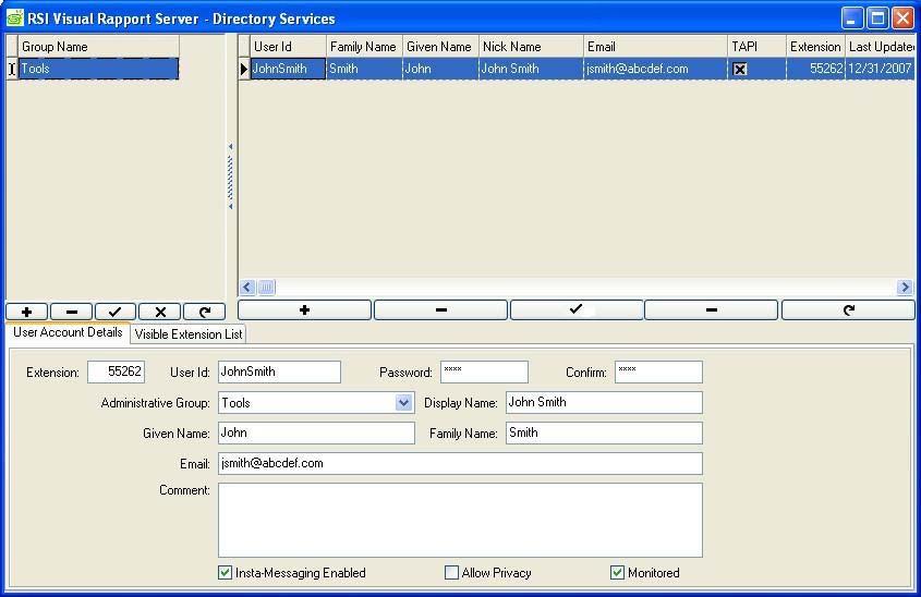 4. In the RSI Visual Rapport Server Directory Services window that is displayed, click the in the left-hand panel, enter a Group Name (in the top left corner of the window), and then click to save