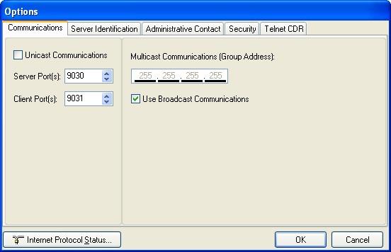 7. In the Options window that is displayed, make a note of the Server Port(s) and Client Port(s) settings on the Communications