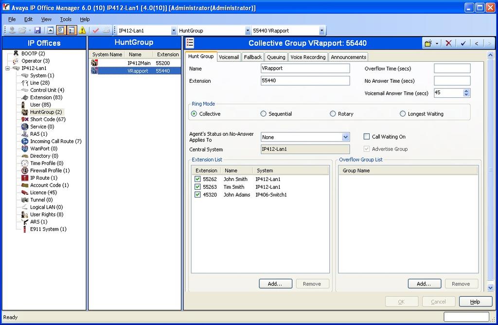 9. Create a hunt group by right-clicking on HuntGroup on the left-hand panel configuration tree and select New (not shown). On the right-hand panel, enter a Name for the hunt group.