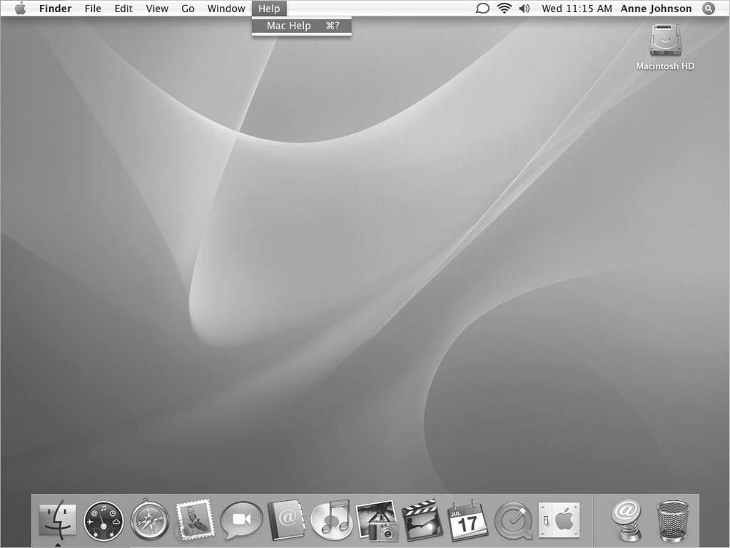 5 žingsnis: Sutvarkykite Mac OS X darbalaukį ir nustatykite parinktis Meniu juosta Spotlight paieškos ikona Help meniu Dock as Finder ikona System Preferences ikona Jūs galite lengvai nustatyti tokį