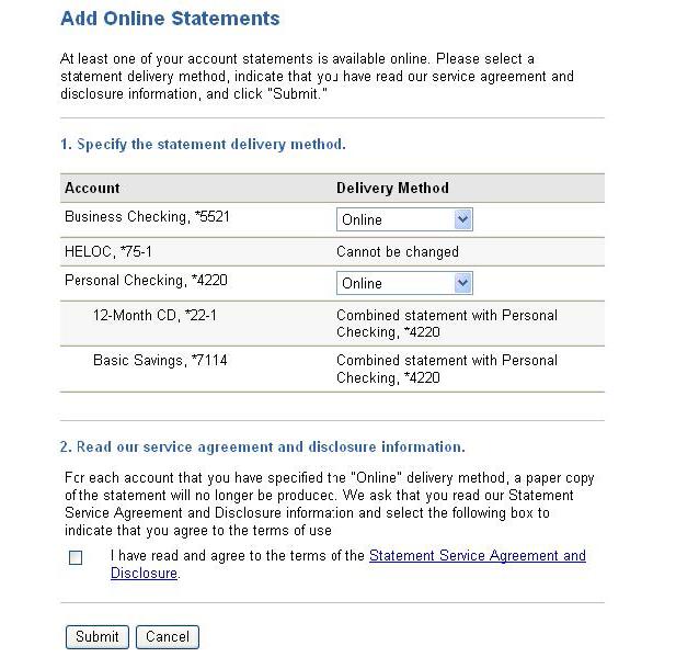 ONLINE BANKING ACCOUNT BY ACCOUNT OPTION Selecting the add online documents link brings up a new page and detailed list of eligible accounts to enroll in online statements.