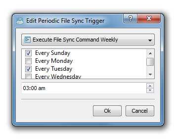 The 'General' tab shows the currently configured sync triggers and allows one to add, delete, enable, disable and configure an unlimited number of sync triggers.