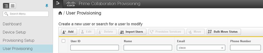 Add Users with Prime Collaboration Provisioning Use Prime Collaboration Provisioning to add users: Manually From text file Through LDAP