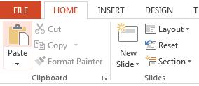 2 Working with Slides 3 Inserting slides Method Select the Home tab and, in the Slides group, click the area containing the New Slide icon.