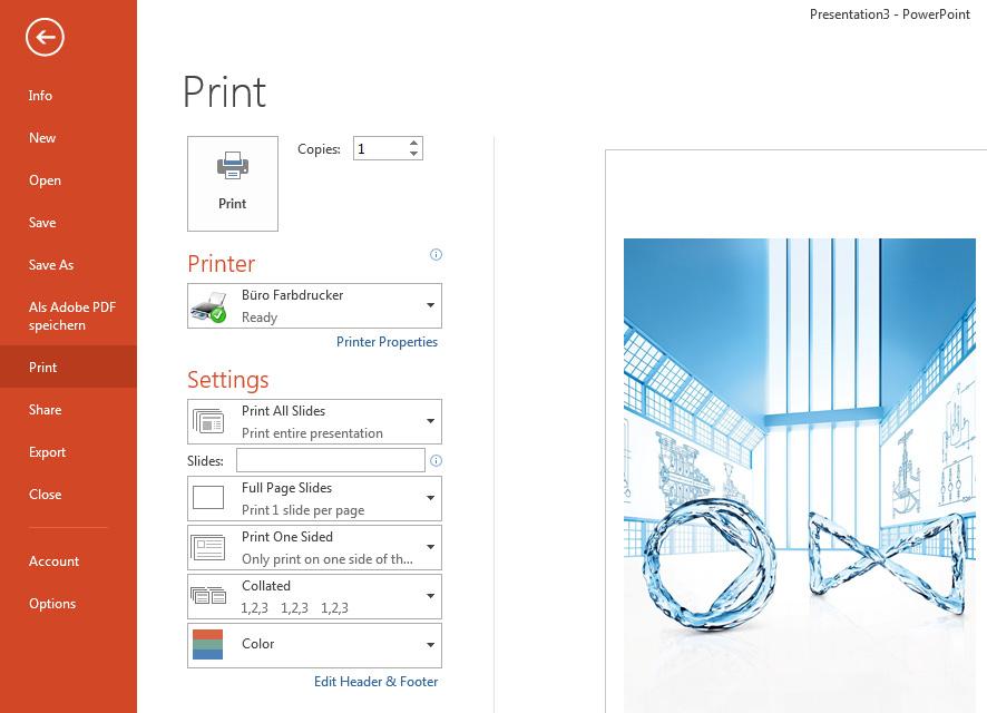 8 Printing 82 2 4 3 5 Printing the Presentation with Specific Settings Click the File button and select the Print menu Shortcut: CtrlP