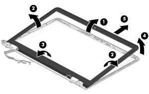 c. Remove the display bezel (5). The display bezel is available using spare part number 857813-001. 11. If it is necessary to replace the display panel: a. Remove the display bezel. b. Remove the four Phillips M2.