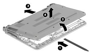 3. Remove the remaining twelve Phillips PM2.5 7.2 screws that secure the bottom cover to the computer. Release the bottom cover: 1.