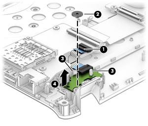 4. Lift the power button board up at an angle and remove from the bottom cover (4).