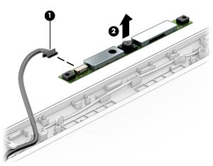 6. Lift the bezel away from the display enclosure (6). Remove the webcam and microphone module: 1. Disconnect the webcam cable (1). 2. Lift the webcam away from the display enclosure (2).