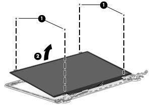 2. Lift the display panel away from the display enclosure at an angle (2). Remove the display panel: 1.