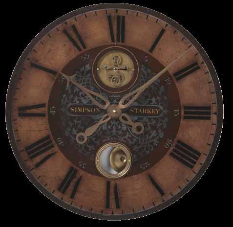 Weathered, laminated clock face with cast brass details and 