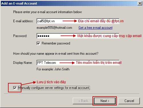 Mail, chọn Tools >> Accounts Bước 2: Nhập các thông số cơ bản: Địa chỉ