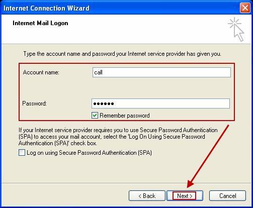 Bước 6: Nhập thông tin Account mail: Nếu muốn Outlook Express lưu mật khẩu đăng nhập thì cần đánh dấu tích vào ô