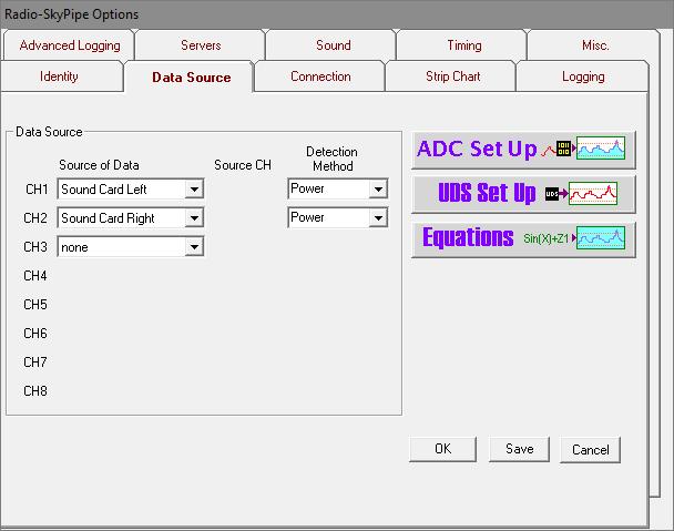Select Radio-SkyPipe Options Data Source tab to set Source of Data. Set Channel 1 to Sound Card Left and Channel 2 to Sound Card Right. Set Detection Method to Power.