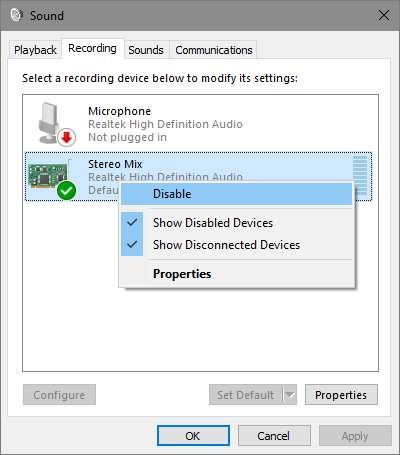 If any other Recording Device is Enabled, right-click it and select Disable as shown below-left. Repeat for all devices except the one to be used.
