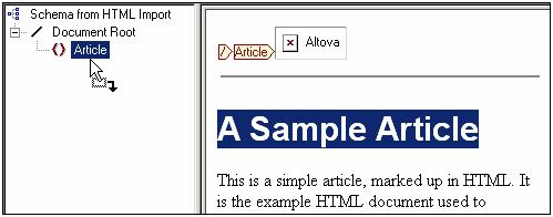 188 HTML to XML Conversion HTML-to-XML Tutorial 7.1.3 Creating element nodes Renaming schema elements Rename the element Root to Article by right-clicking Root in the schema tree, selecting Rename, and keying in the new name Article.