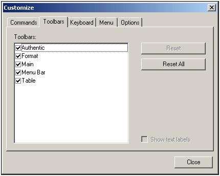 308 User Reference Tools The StyleVision interface displays a fixed menu bar and several optional toolbars (Authentic, Format, Main, and Table). Each toolbar can be divided into groups of commands.