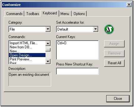 User Reference Tools 309 To assign a shortcut to a command 1. Select the category in which the command is by using the Category combo box. 2.
