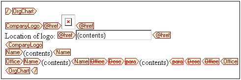 42 Tutorial Processing element content for output Changing the location of the //Office/Desc/para element 1. Select the //Office/Desc/para element by clicking the start tag of its Office element. 2.