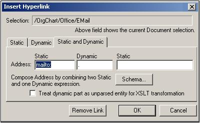 58 Tutorial Inserting bookmarks and hyperlinks 2. In the Insert Hyperlink dialog, click the Static and Dynamic tab. 3. The address consists of a static part and a dynamic part.