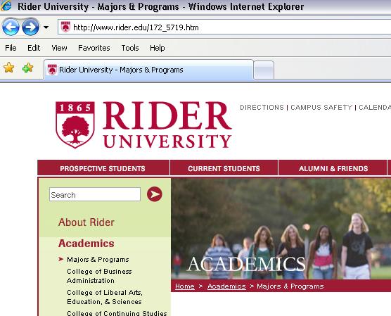 This example shows the Majors and Programs page of the Rider University website.