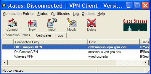 If you have CISCO systems VPN client software installed on your home workstation, complete the following steps: o Launch Cisco VPN Client and