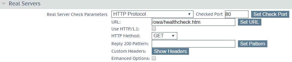 Figure 4-35: Real Servers In the Real Servers section of the SubVS options page select the following options: a) Enter 80 in the Checked Port field and click Set Check Port. b) Enter /owa/healthcheck.